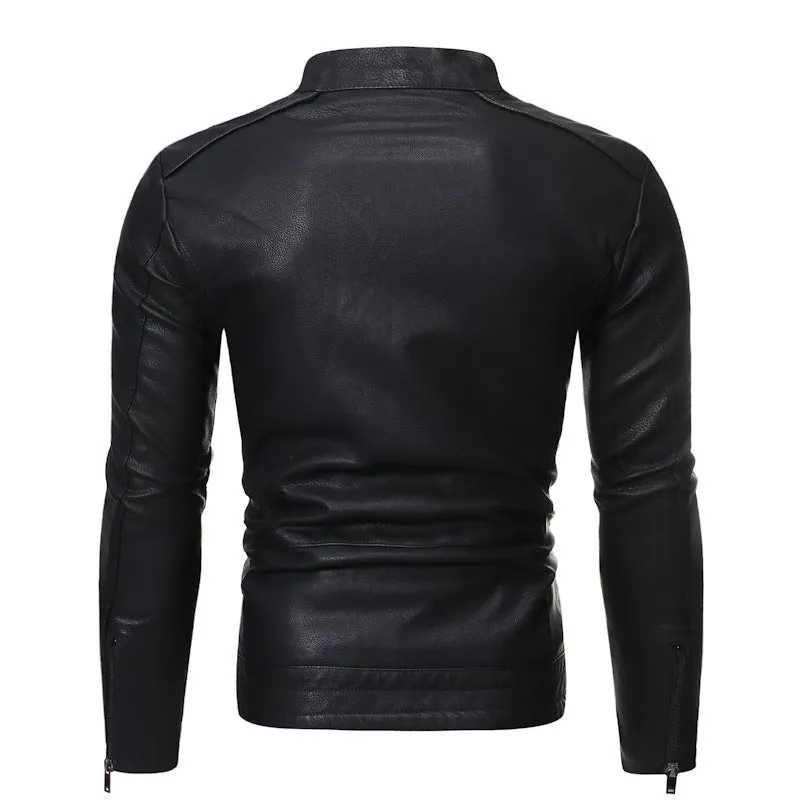 Men's cowhide motorcycle leather jacket in black with decorative pockets and plain style