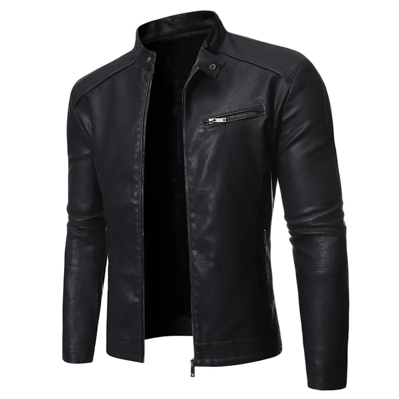 Men's cowhide motorcycle leather jacket in black with decorative pockets and plain style