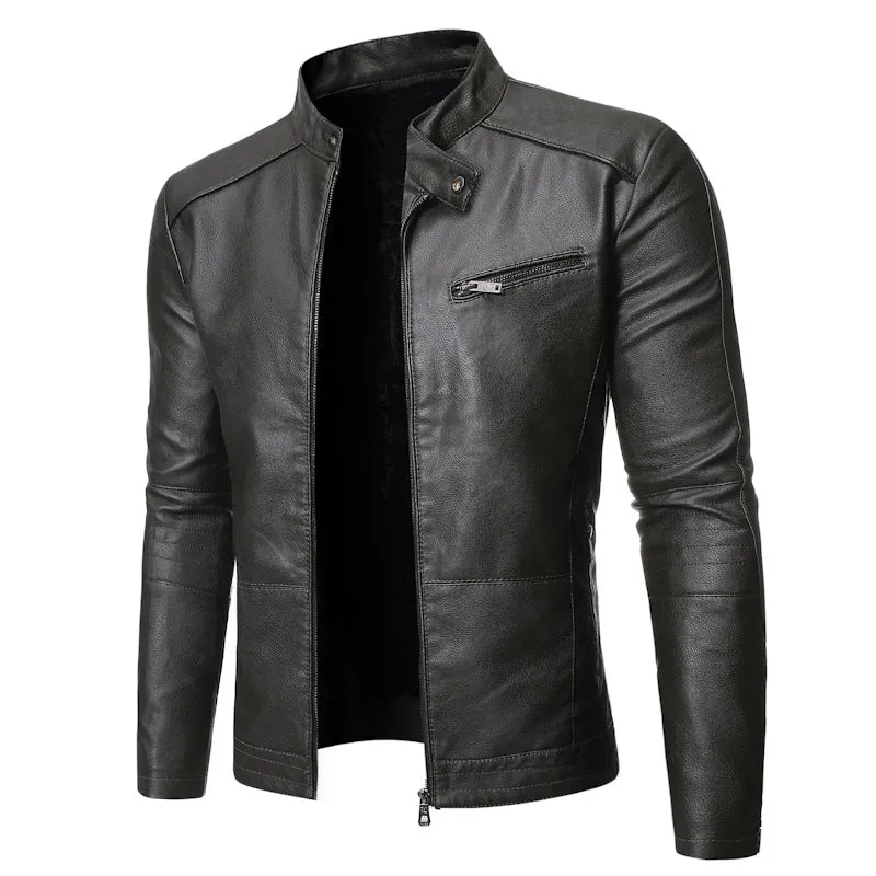 Men's cowhide motorcycle leather jacket in black with decorative pockets and plain style