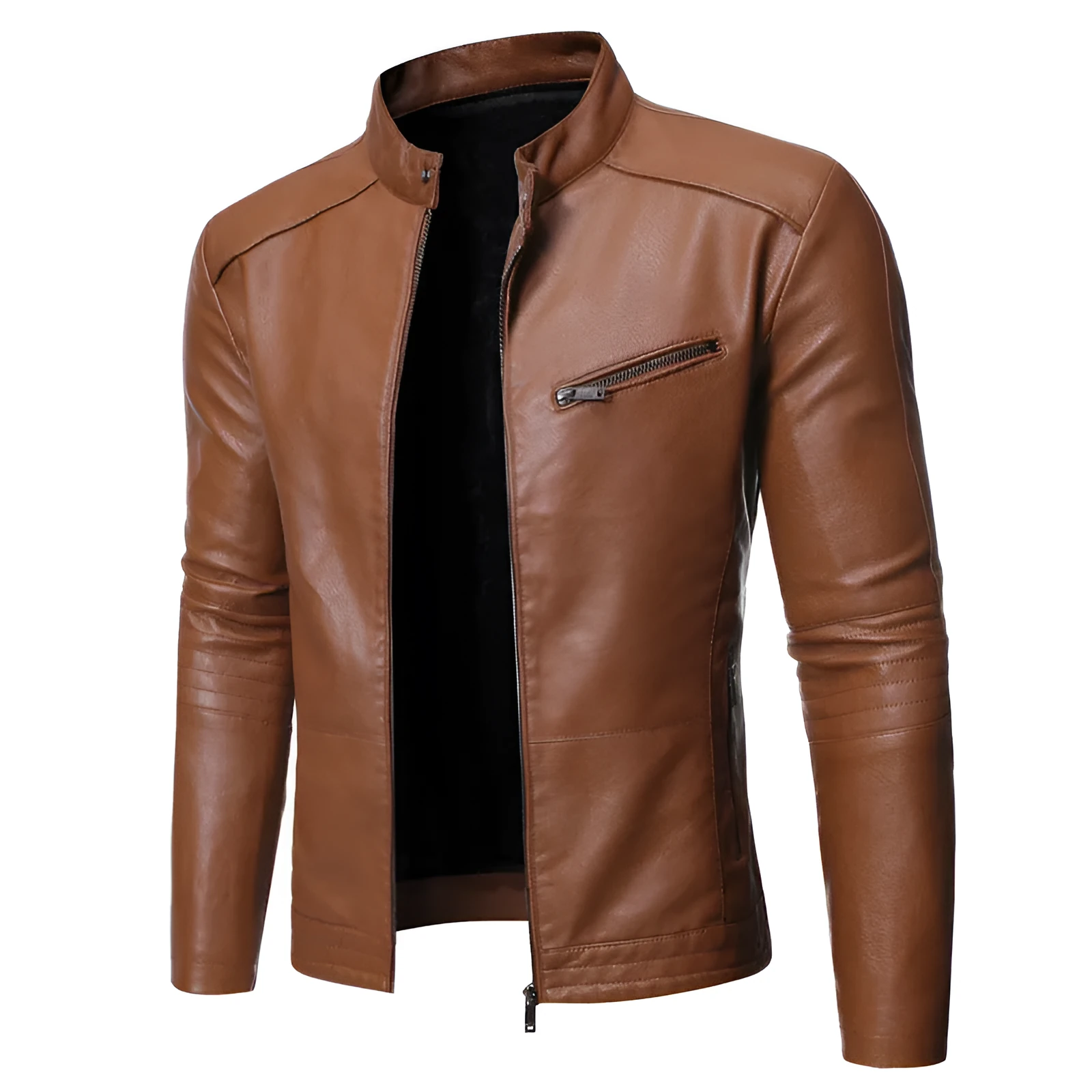 Men's cowhide motorcycle leather jacket in black with decorative pockets and plain style
