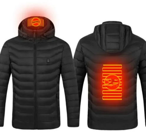 Men's USB electric heated jacket coat with removable hood, black zone 2, three heat settings
