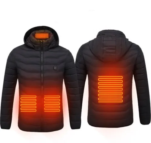 Men's USB electric heated jacket coat with removable hood, black zone 2, three heat settings