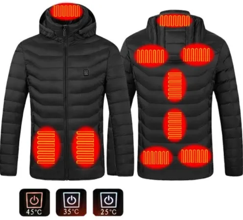 Men's USB electric heated jacket coat with removable hood, black zone 2, three heat settings