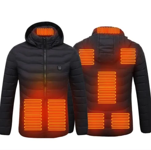 Men's USB electric heated jacket coat with removable hood, black zone 2, three heat settings