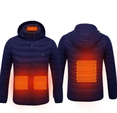 Men's USB electric heated jacket coat with removable hood, black zone 2, three heat settings