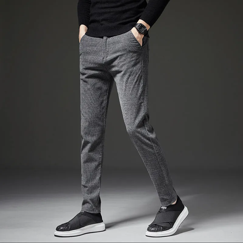 Men's casual slim fit polyester trousers in black, blue, and grey with waist sizes 28-38