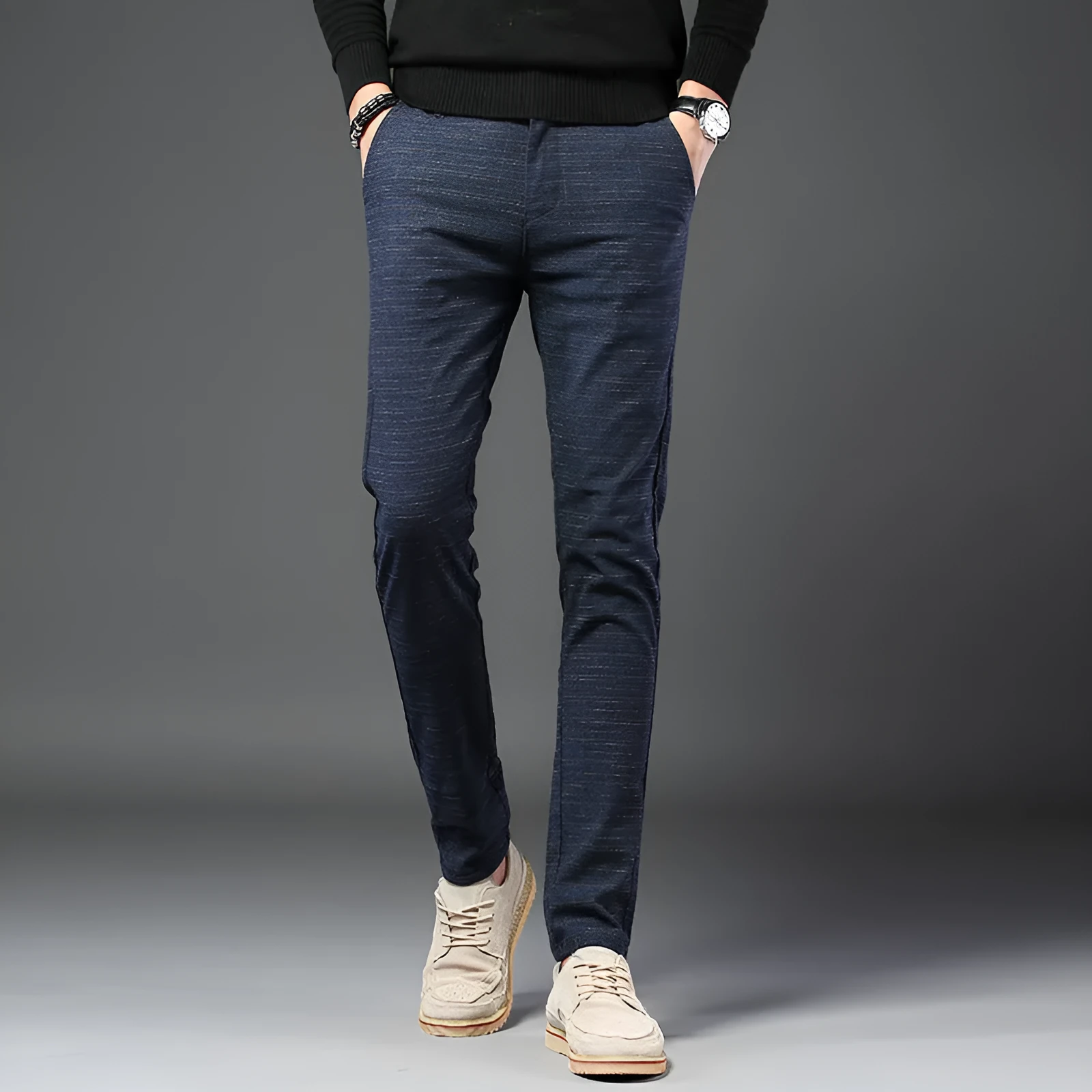 Men's casual slim fit polyester trousers in black, blue, and grey with waist sizes 28-38