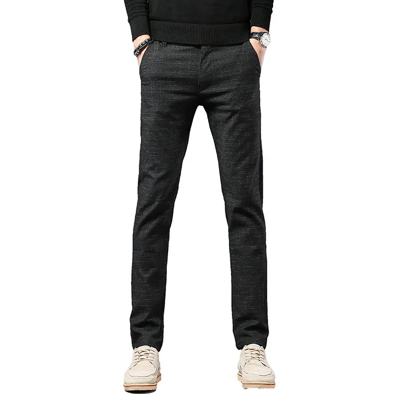 Men's casual slim fit polyester trousers in black, blue, and grey with waist sizes 28-38