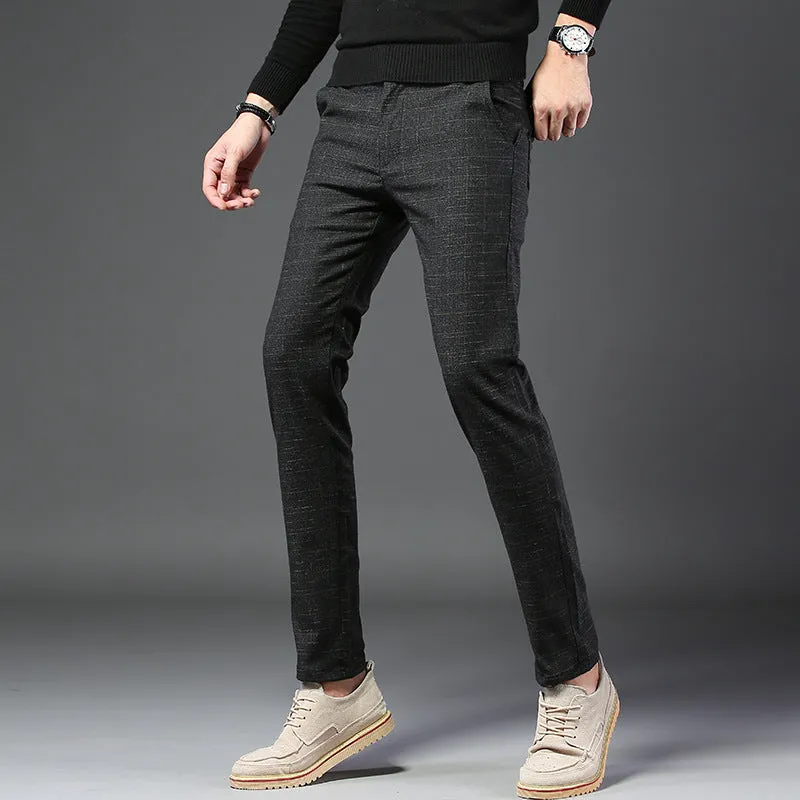 Men's casual slim fit polyester trousers in black, blue, and grey with waist sizes 28-38