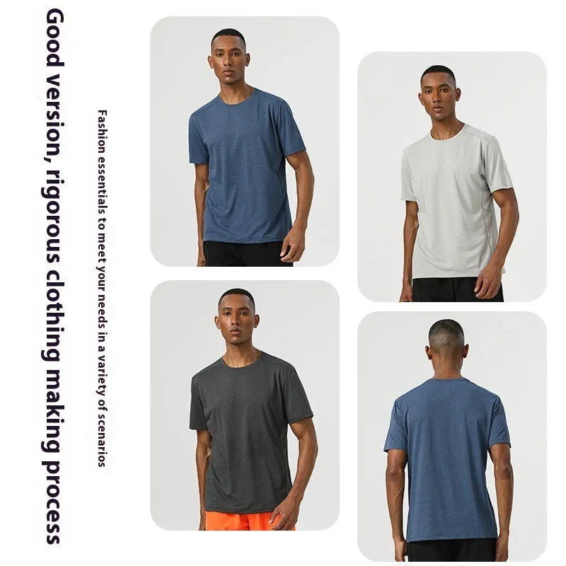 Man wearing a light grey quick-dry polyester short sleeve sport shirt with reflective details.