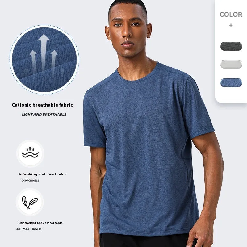 Man wearing a light grey quick-dry polyester short sleeve sport shirt with reflective details.