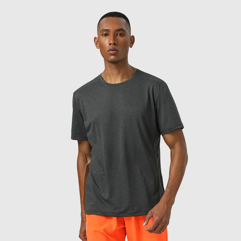 Man wearing a light grey quick-dry polyester short sleeve sport shirt with reflective details.