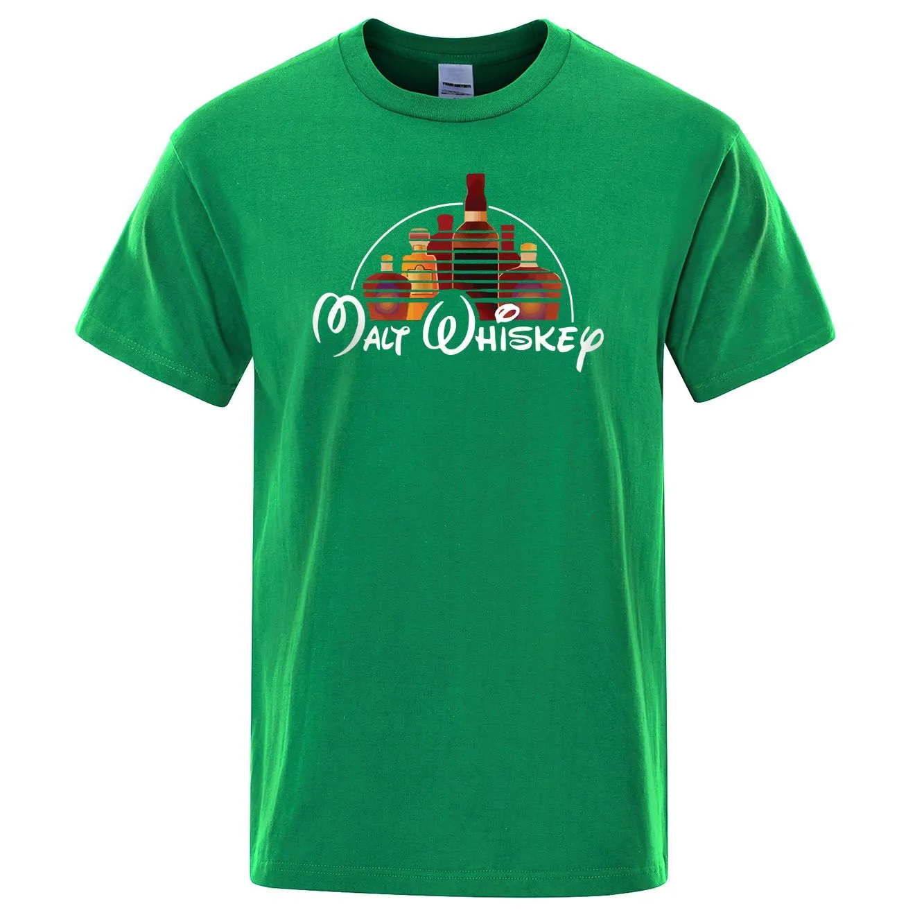 Men's extra-wide fit cotton t-shirt with Malt Whiskey graphic print in blue, front view