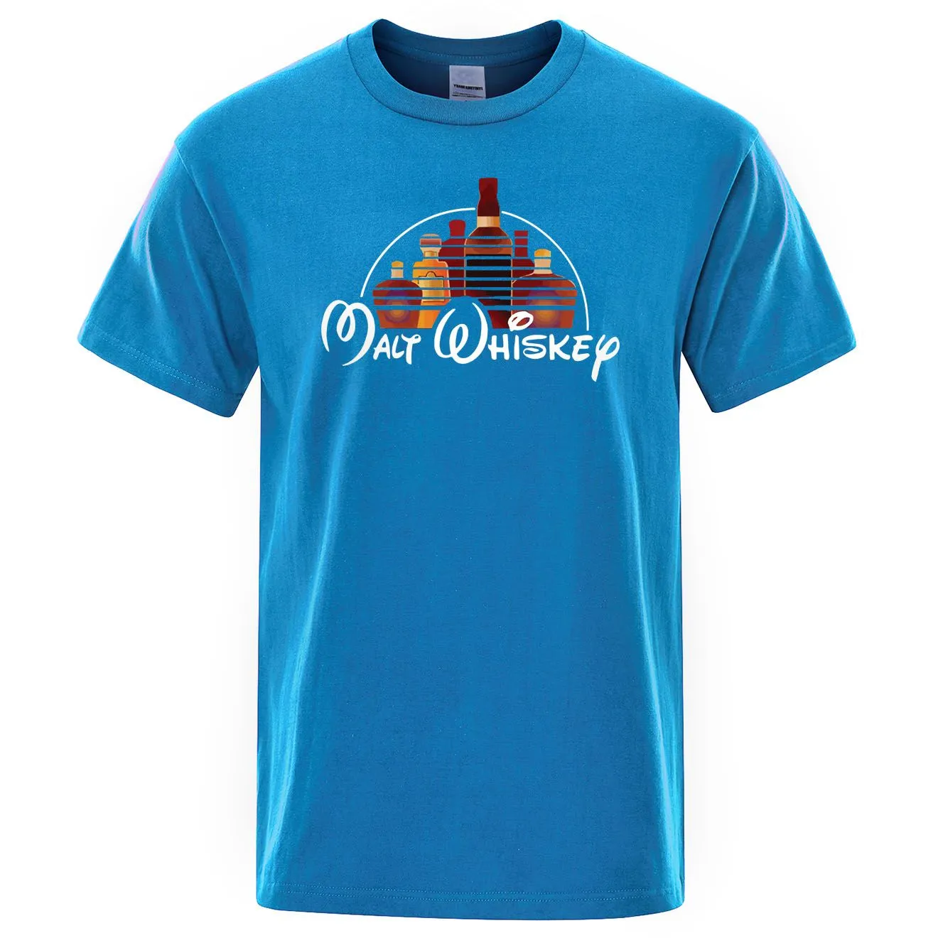 Men's extra-wide fit cotton t-shirt with Malt Whiskey graphic print in blue, front view