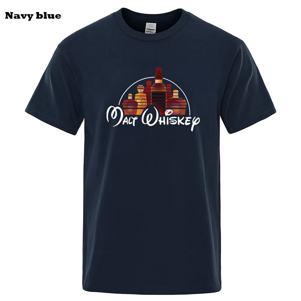 Men's extra-wide fit cotton t-shirt with Malt Whiskey graphic print in blue, front view