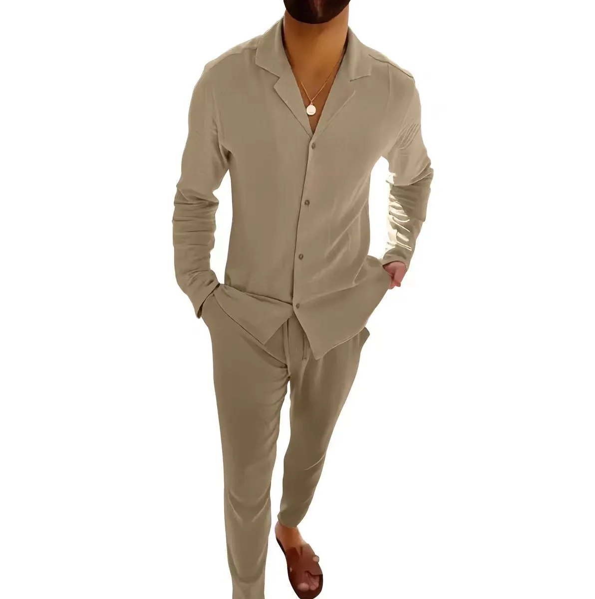 Men's cotton casual suit set with long-sleeve lapel shirt and slim-fit trousers in beige