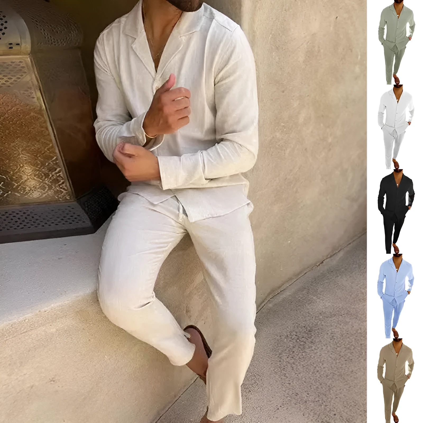 Men's cotton casual suit set with long-sleeve lapel shirt and slim-fit trousers in beige