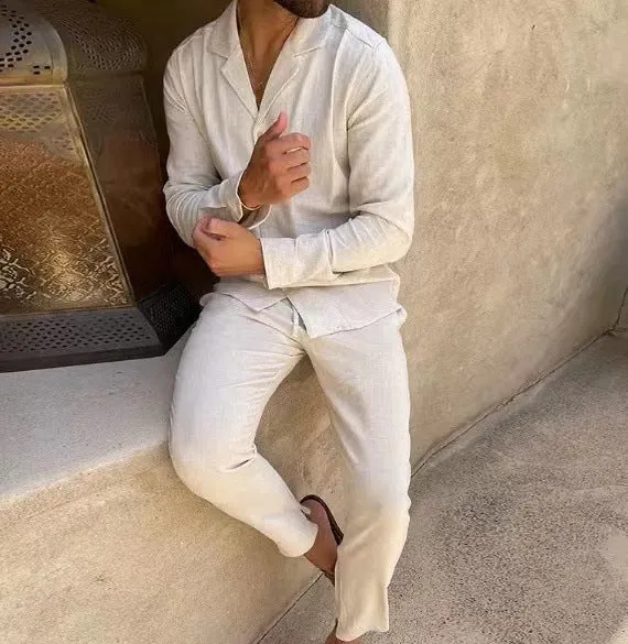 Men's cotton casual suit set with long-sleeve lapel shirt and slim-fit trousers in beige
