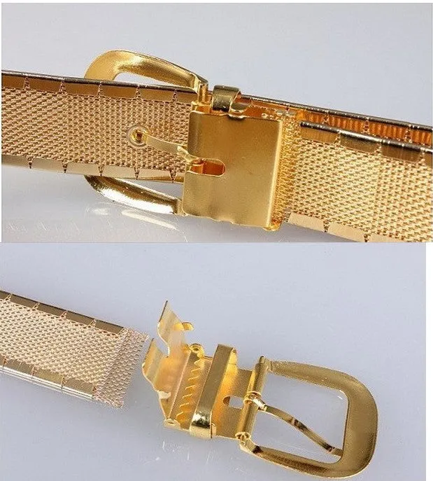 Three shiny belts in gold, silver, and black metallic finish arranged together