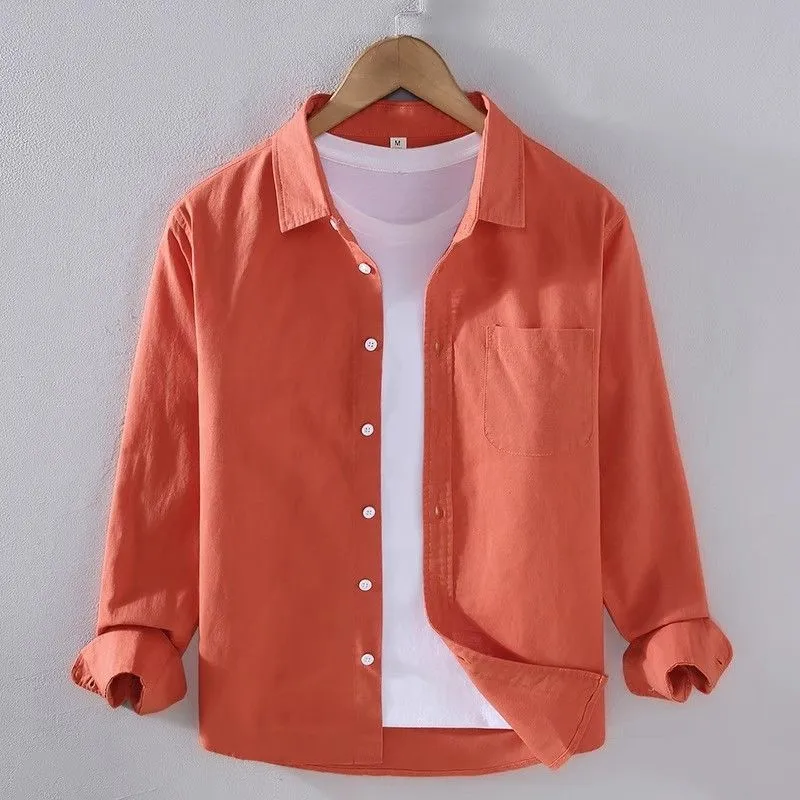 Men's simple casual long sleeve linen shirt in blue, shown front view