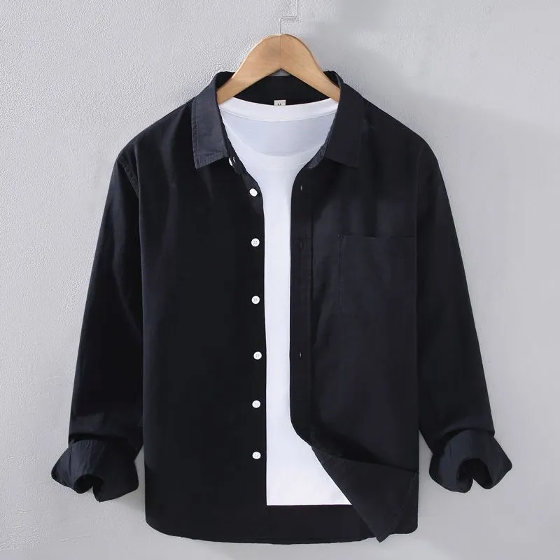Men's simple casual long sleeve linen shirt in blue, shown front view