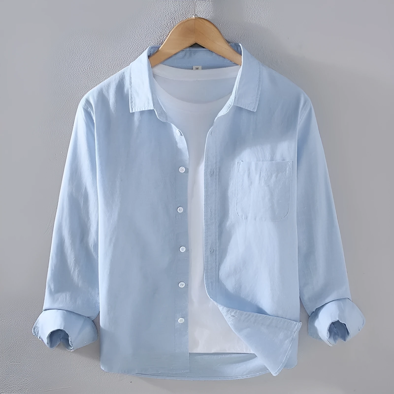 Men's simple casual long sleeve linen shirt in blue, shown front view