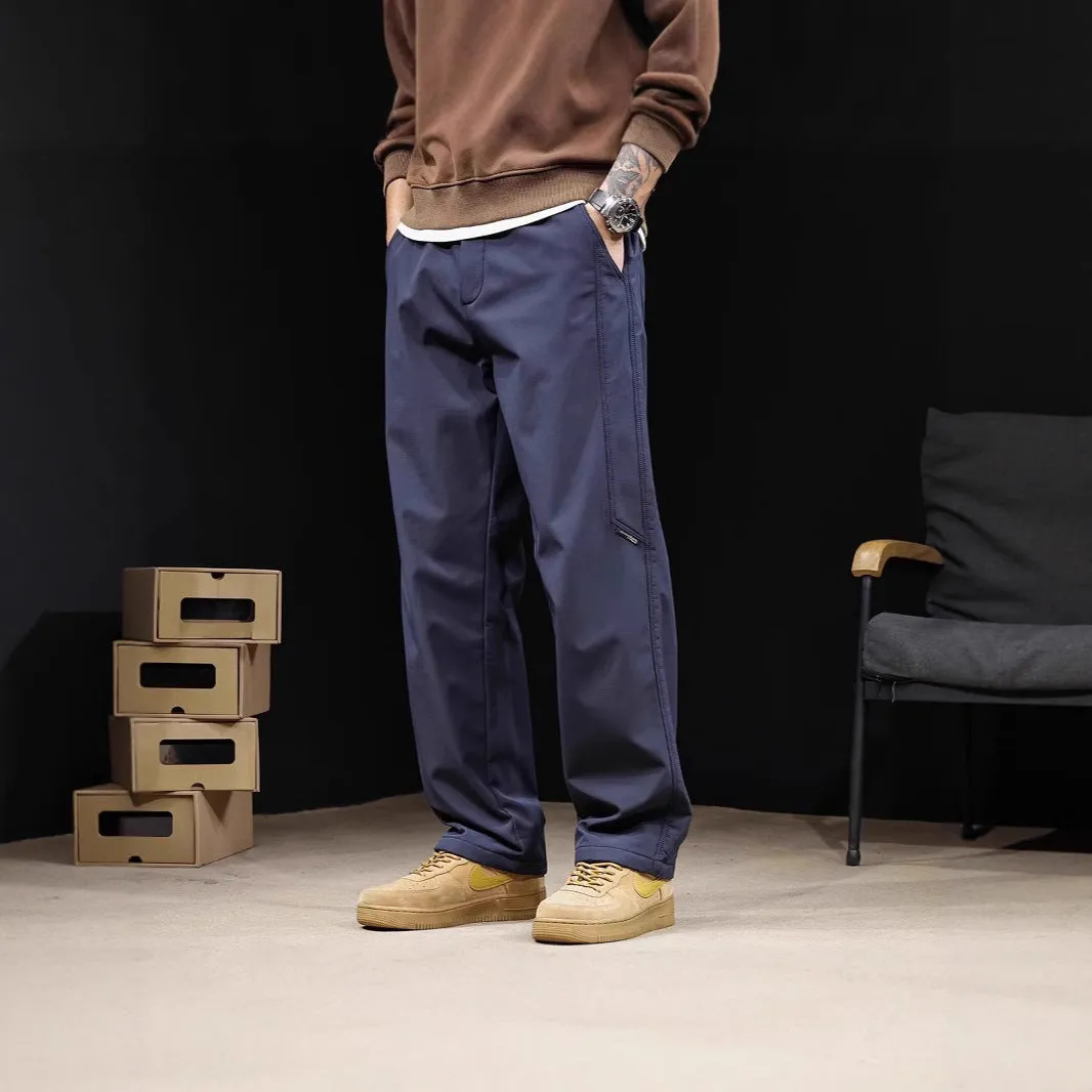 Men's high waist drawstring wide leg pants in black, polyester blend, straight leg