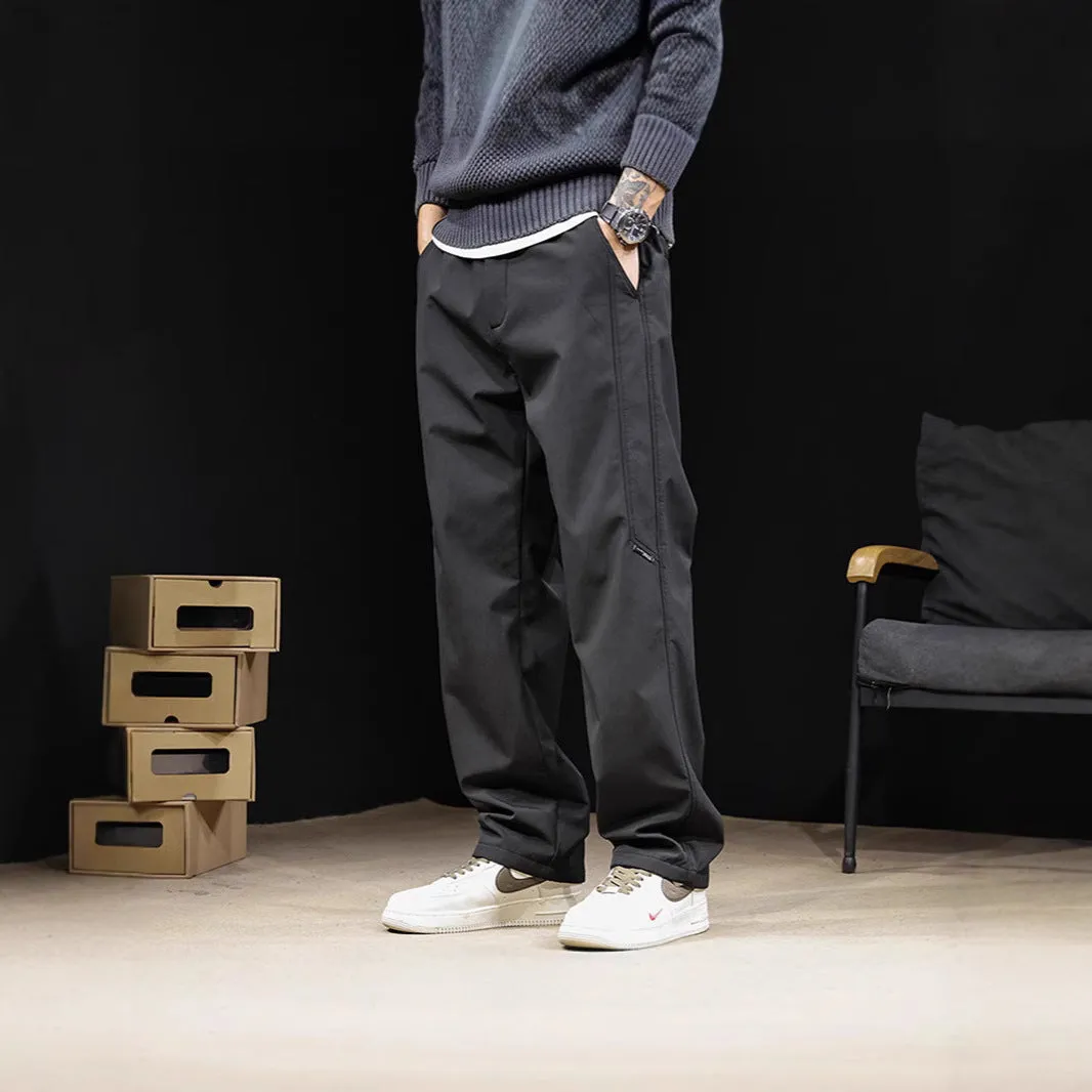 Men's high waist drawstring wide leg pants in black, polyester blend, straight leg