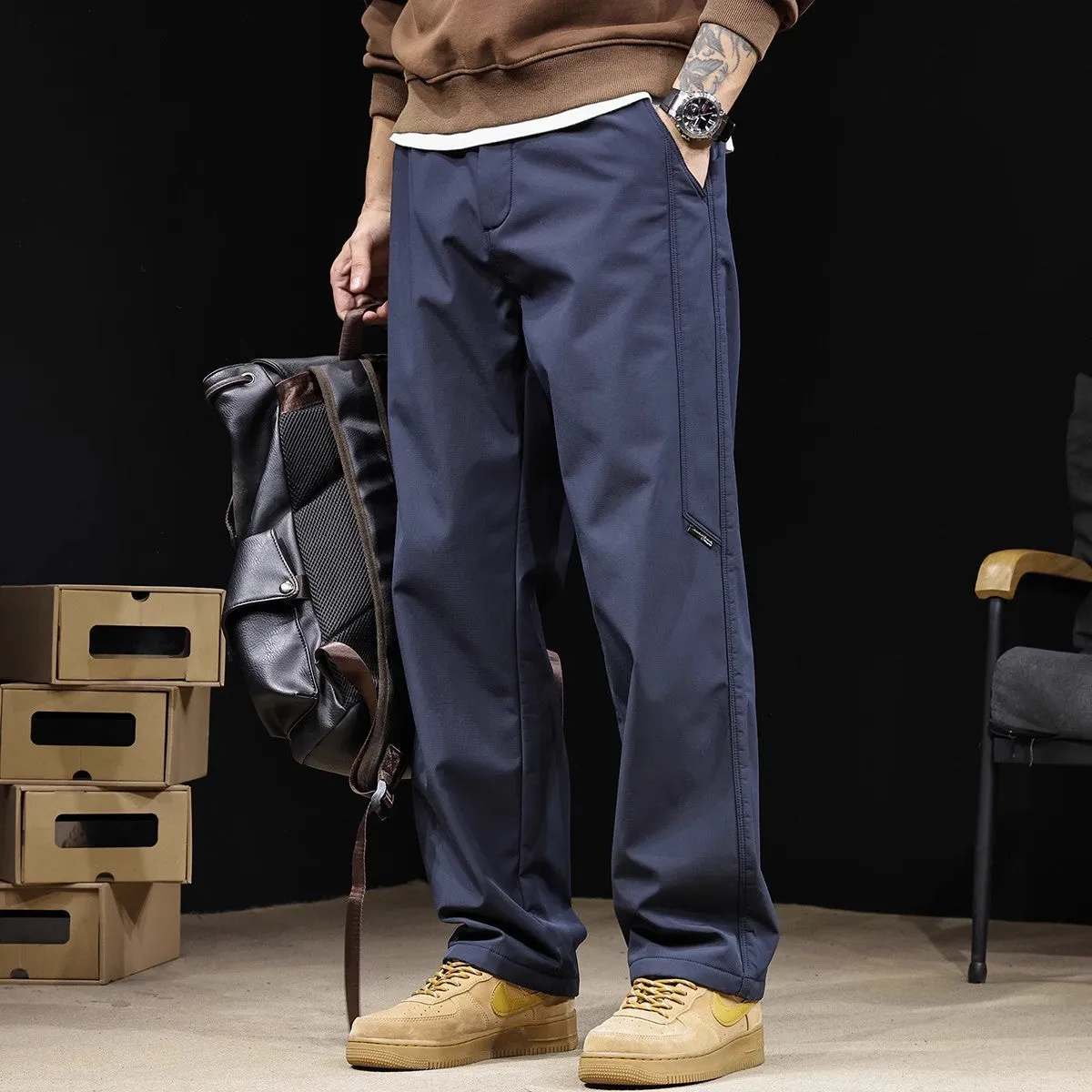 Men's high waist drawstring wide leg pants in black, polyester blend, straight leg