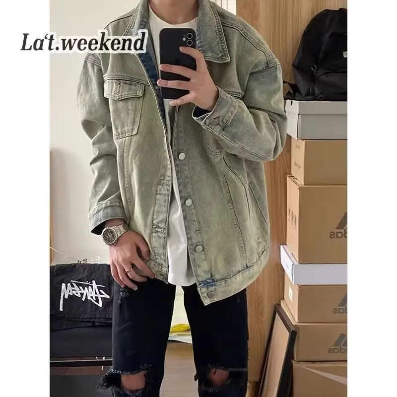 Men's washed workwear retro denim jacket in slim fit polyester fabric, regular length, long sleeves, available in multiple colours