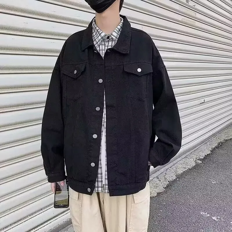 Men's washed workwear retro denim jacket in slim fit polyester fabric, regular length, long sleeves, available in multiple colours