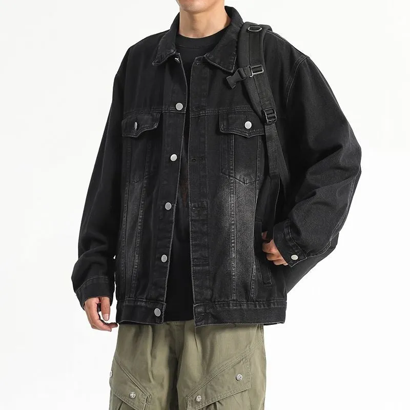 Men's washed workwear retro denim jacket in slim fit polyester fabric, regular length, long sleeves, available in multiple colours