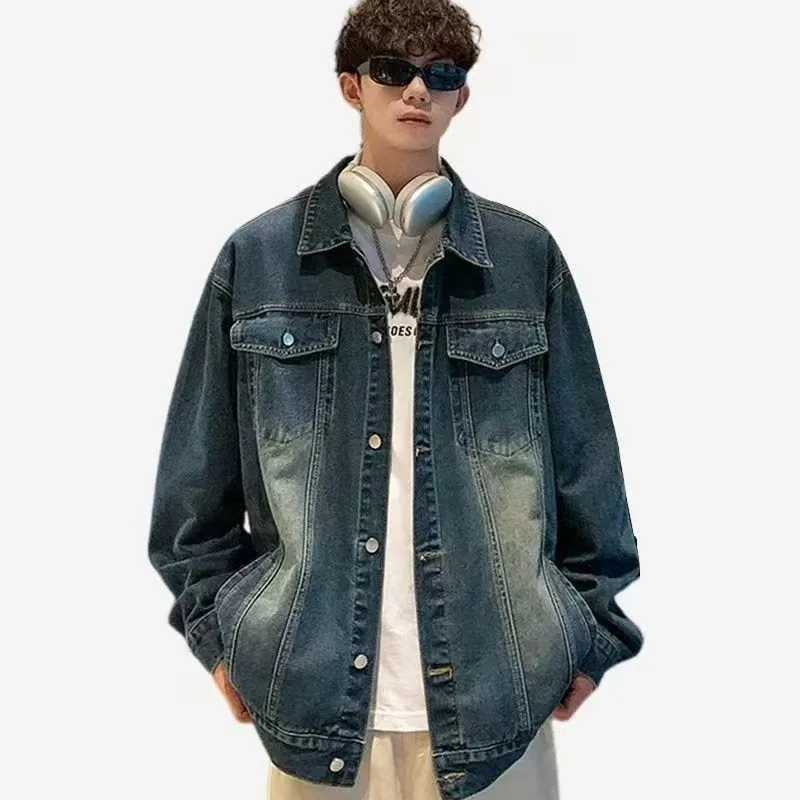 Men's washed workwear retro denim jacket in slim fit polyester fabric, regular length, long sleeves, available in multiple colours
