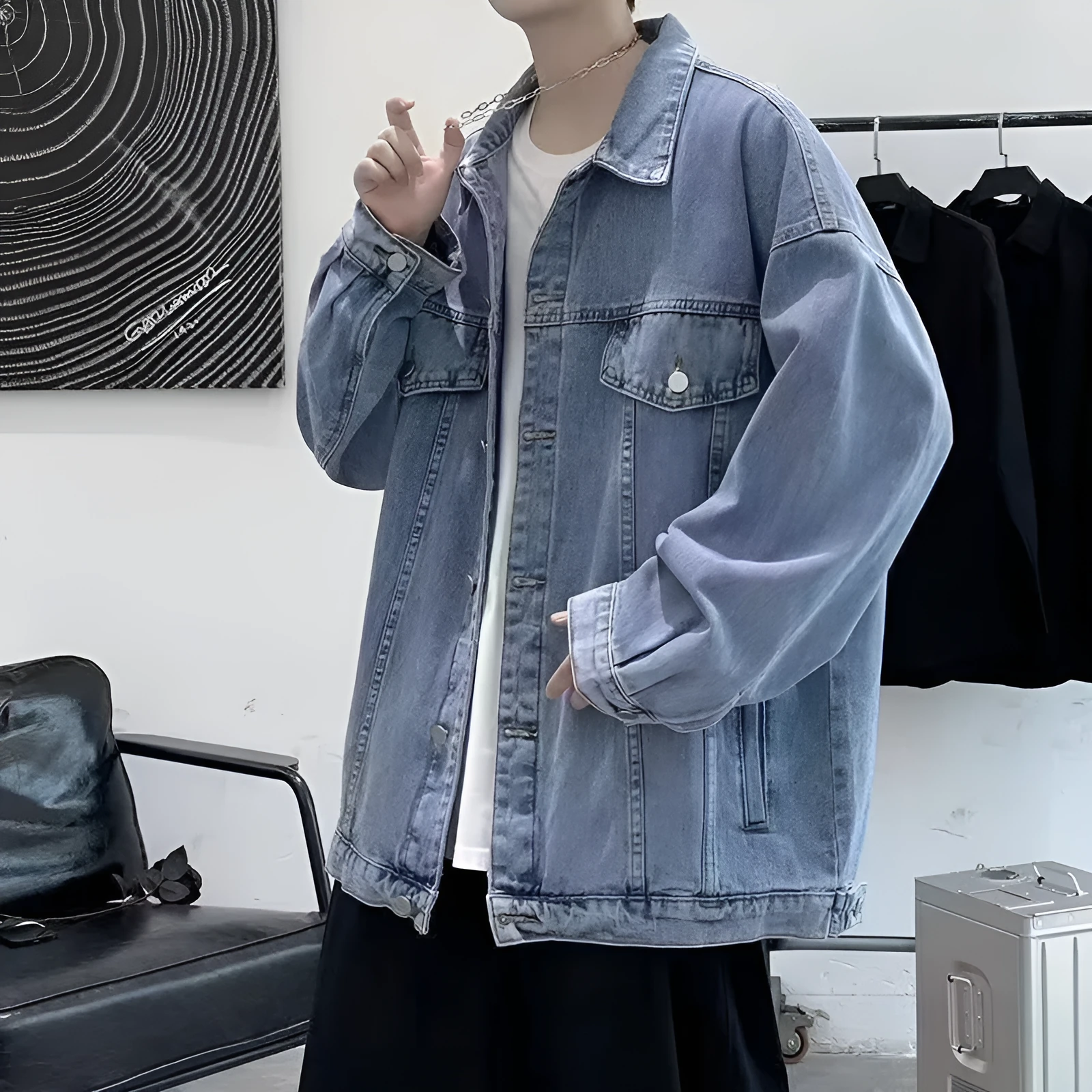 Men's washed workwear retro denim jacket in slim fit polyester fabric, regular length, long sleeves, available in multiple colours