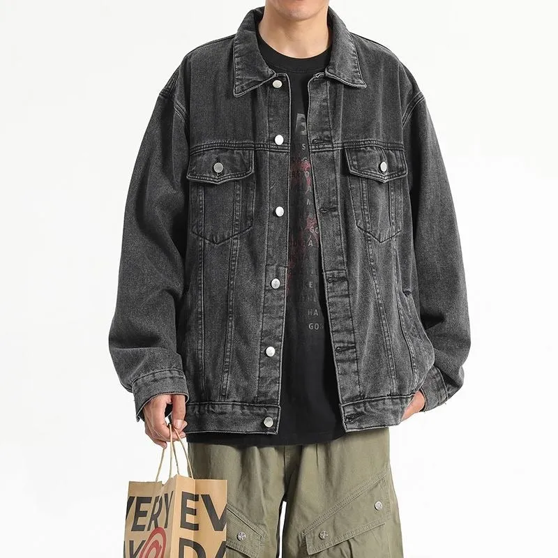 Men's washed workwear retro denim jacket in slim fit polyester fabric, regular length, long sleeves, available in multiple colours