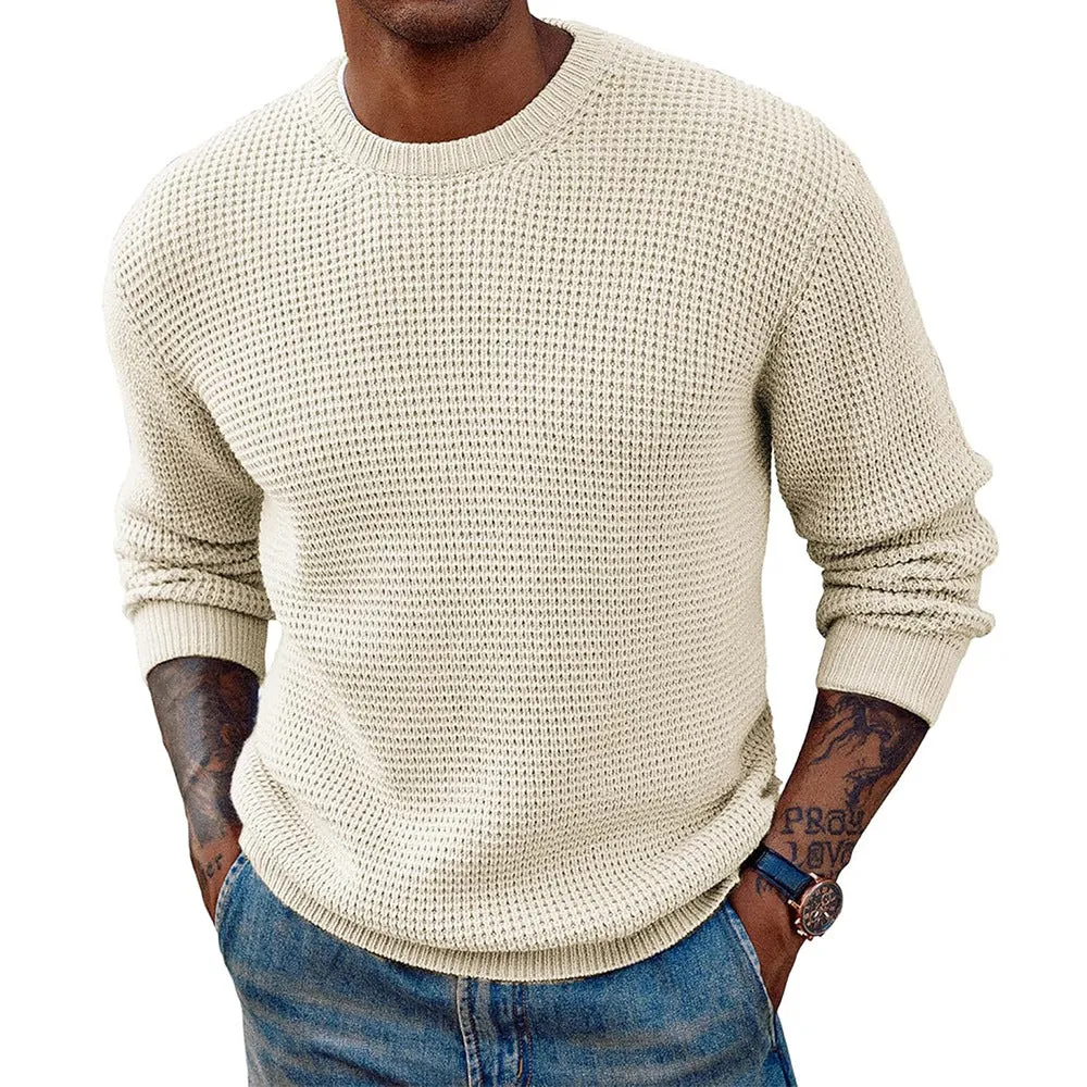 Men's solid colour round neck sweater pullover in beige, available in multiple sizes from S to 3XL