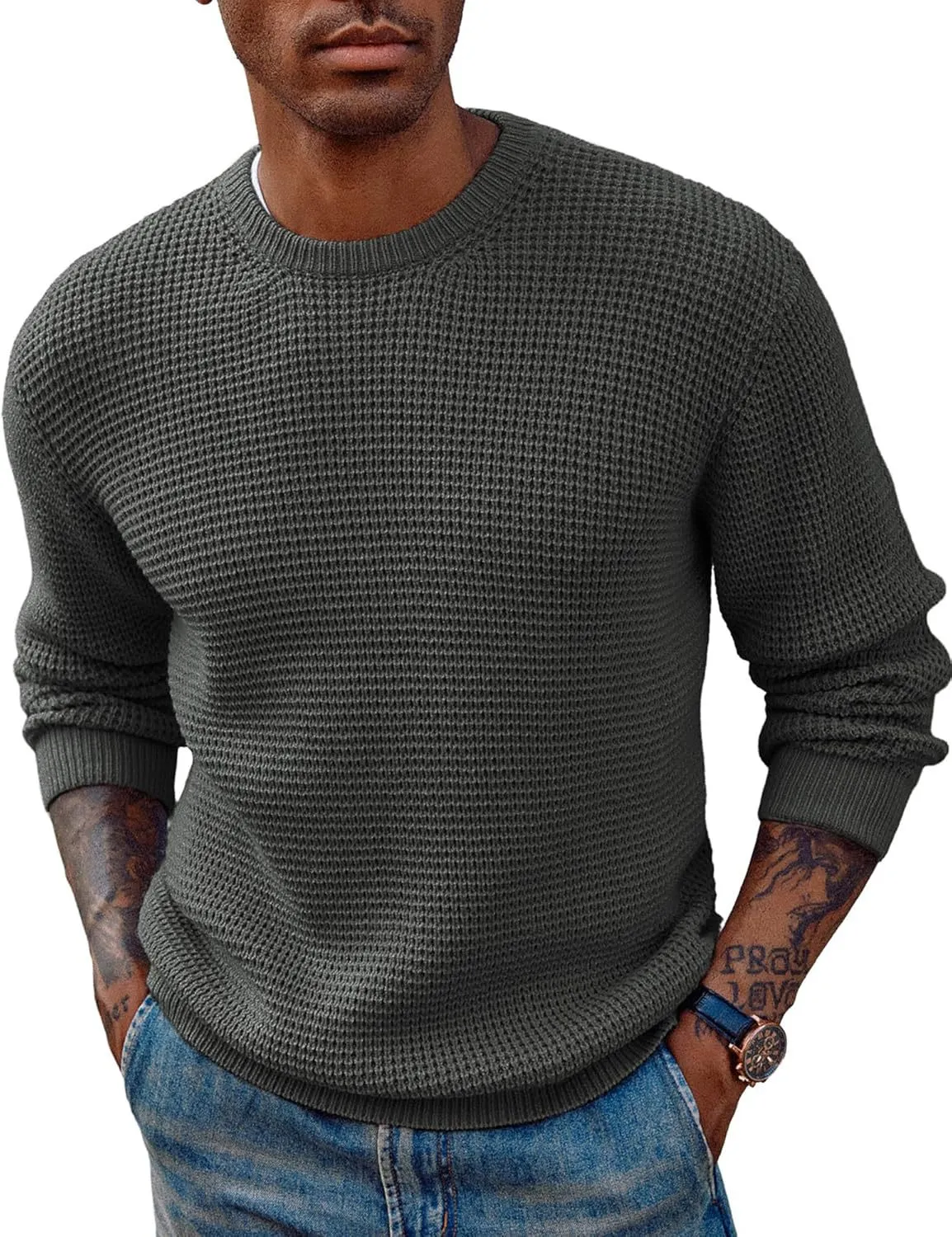 Men's solid colour round neck sweater pullover in beige, available in multiple sizes from S to 3XL