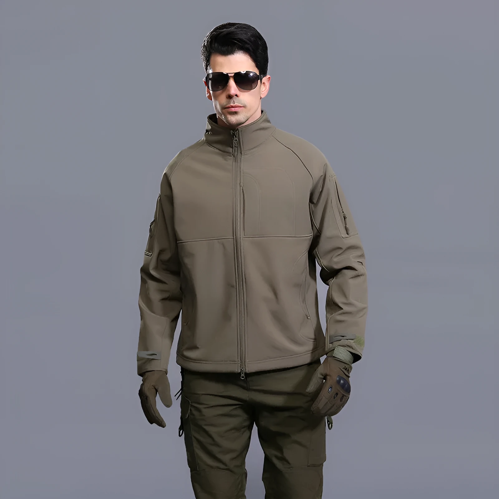 Men's thin commander-style outdoor jacket in loose fit with stand collar, shown in camouflage colour.
