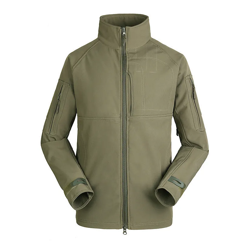 Men's thin commander-style outdoor jacket in loose fit with stand collar, shown in camouflage colour.