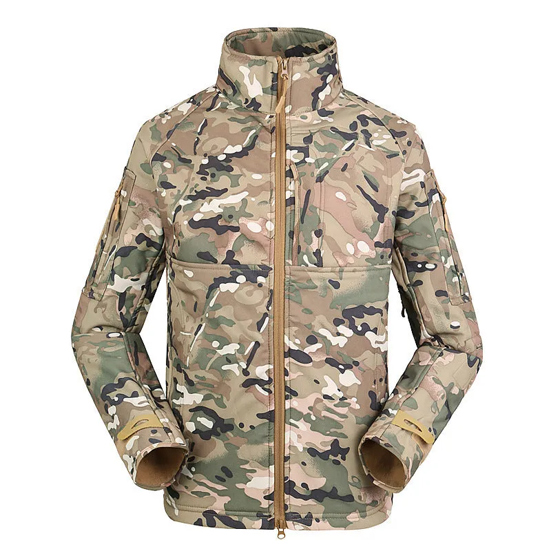 Men's thin commander-style outdoor jacket in loose fit with stand collar, shown in camouflage colour.