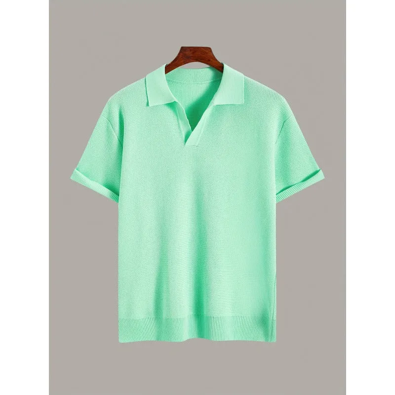 Men's short-sleeve knitted waffle sweater in multiple colours including black and khaki, casual polyester top
