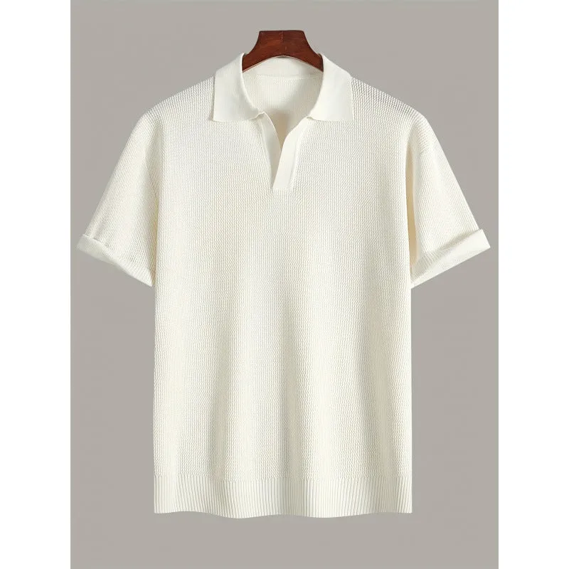 Men's short-sleeve knitted waffle sweater in multiple colours including black and khaki, casual polyester top