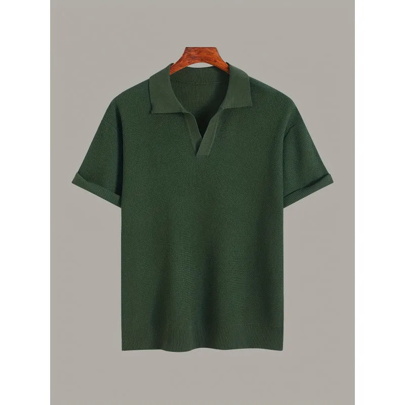 Men's short-sleeve knitted waffle sweater in multiple colours including black and khaki, casual polyester top