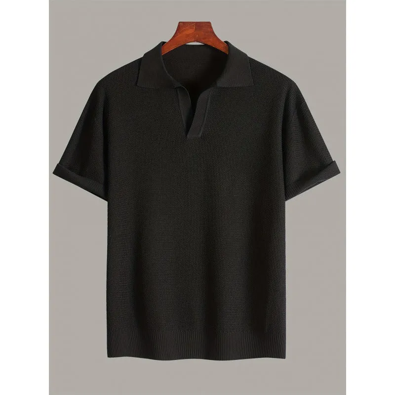 Men's short-sleeve knitted waffle sweater in multiple colours including black and khaki, casual polyester top