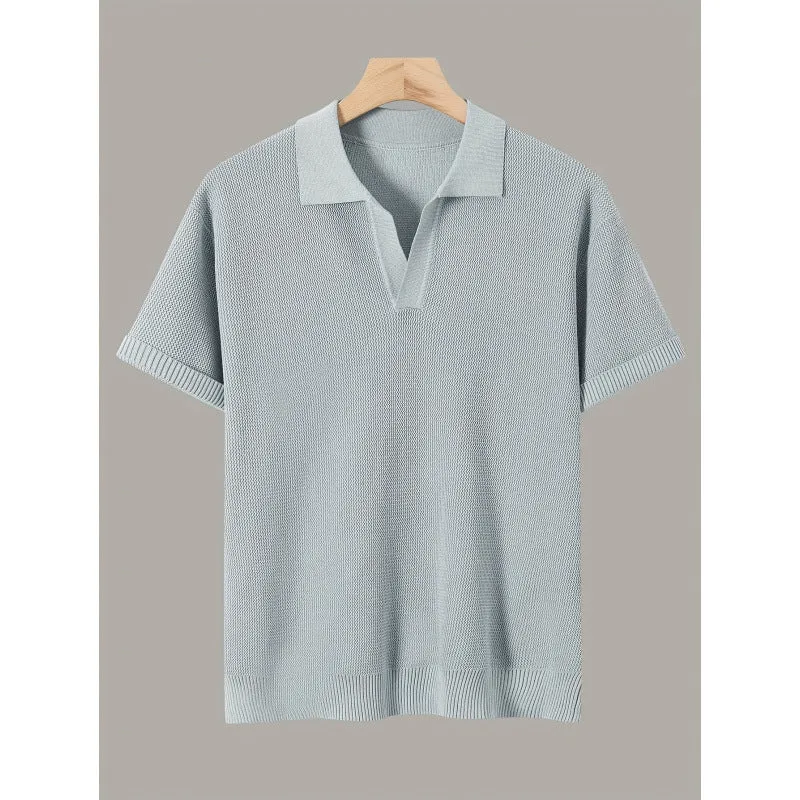 Men's short-sleeve knitted waffle sweater in multiple colours including black and khaki, casual polyester top
