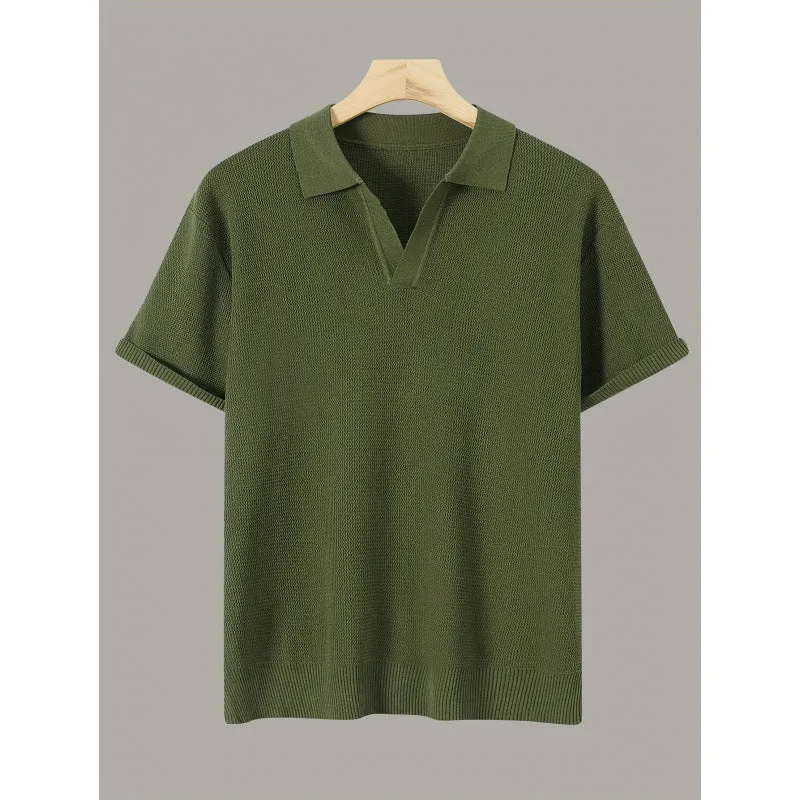 Men's short-sleeve knitted waffle sweater in multiple colours including black and khaki, casual polyester top
