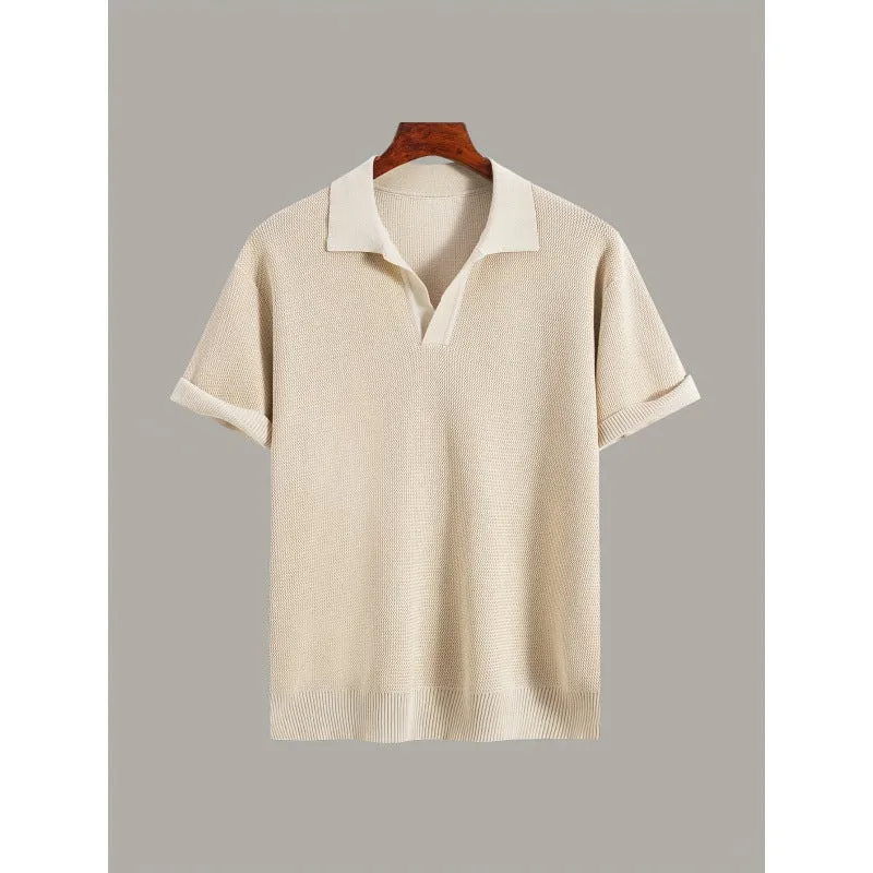 Men's short-sleeve knitted waffle sweater in multiple colours including black and khaki, casual polyester top