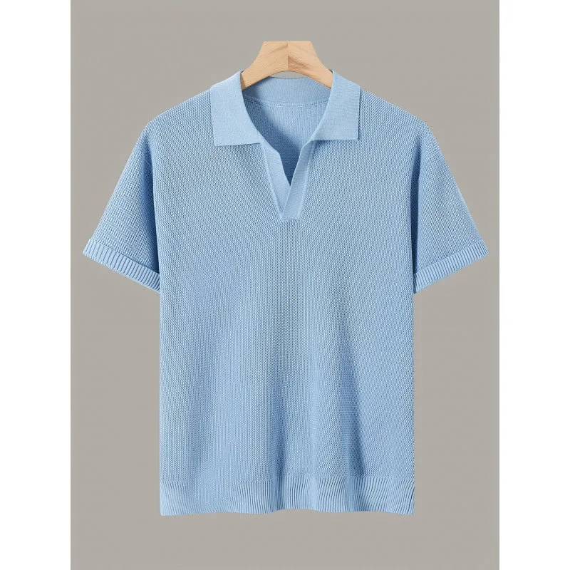 Men's short-sleeve knitted waffle sweater in multiple colours including black and khaki, casual polyester top