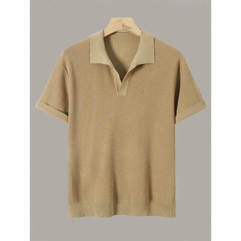 Men's short-sleeve knitted waffle sweater in multiple colours including black and khaki, casual polyester top