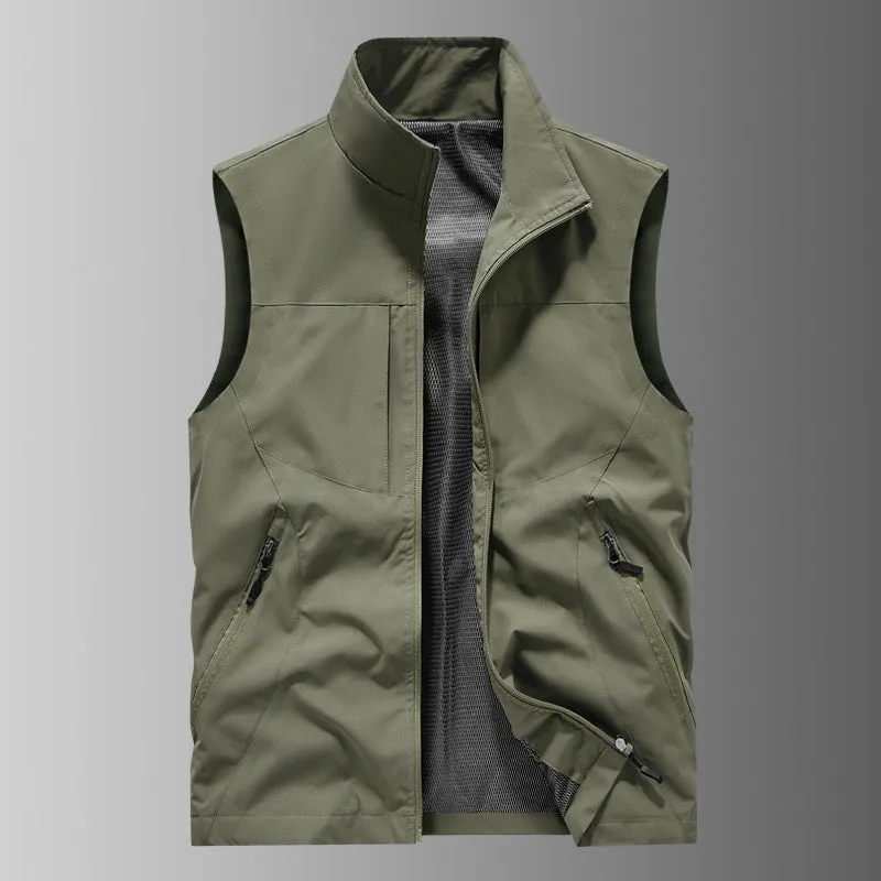 Men's casual stand collar printed vest in army green polyester loose fit